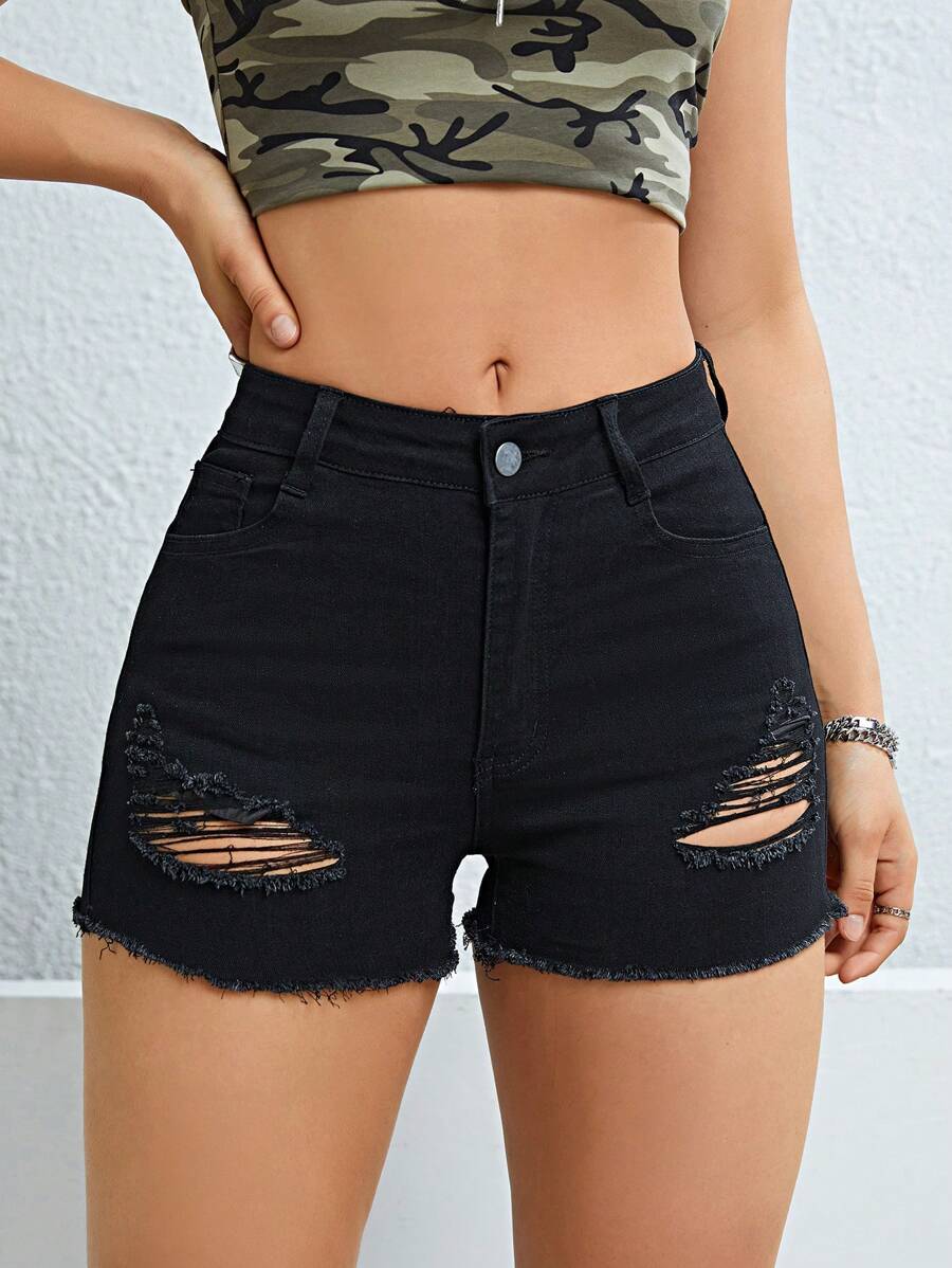Quần short denim nữ Túi Hem thô Bị tách màu trơn - màu đen - Xem 1