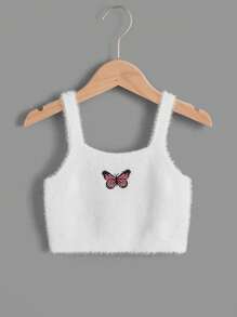 SHEIN Toddler Girls Butterfly Embroidery Fuzzy Cami Knit Top - White - View 1