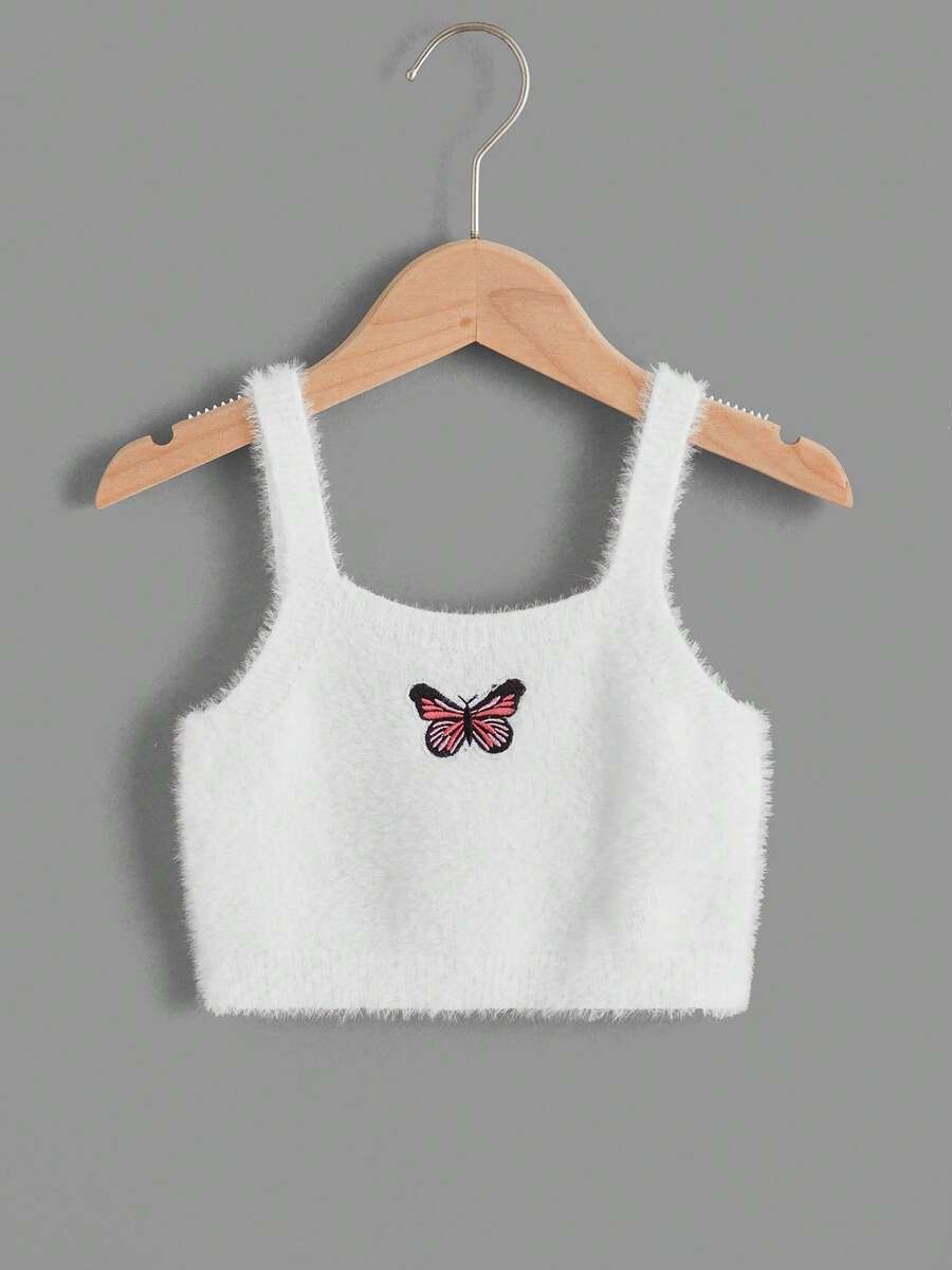 SHEIN Toddler Girls Butterfly Embroidery Fuzzy Cami Knit Top - White - View 1