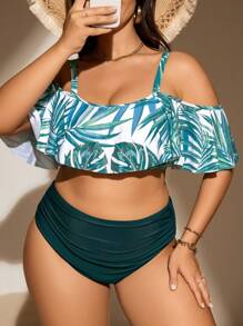 SHEIN Plus Size Tropical Print Ruffle Hem Bikini Set Summer Beach - Multicolor - View 1