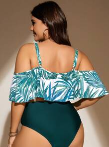 SHEIN Plus Size Tropical Print Ruffle Hem Bikini Set Summer Beach - Multicolor - View 3