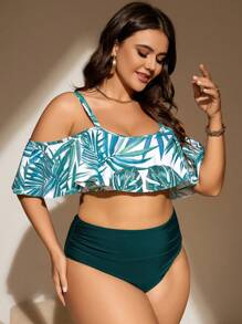 SHEIN Plus Size Tropical Print Ruffle Hem Bikini Set Summer Beach - Multicolor - View 4