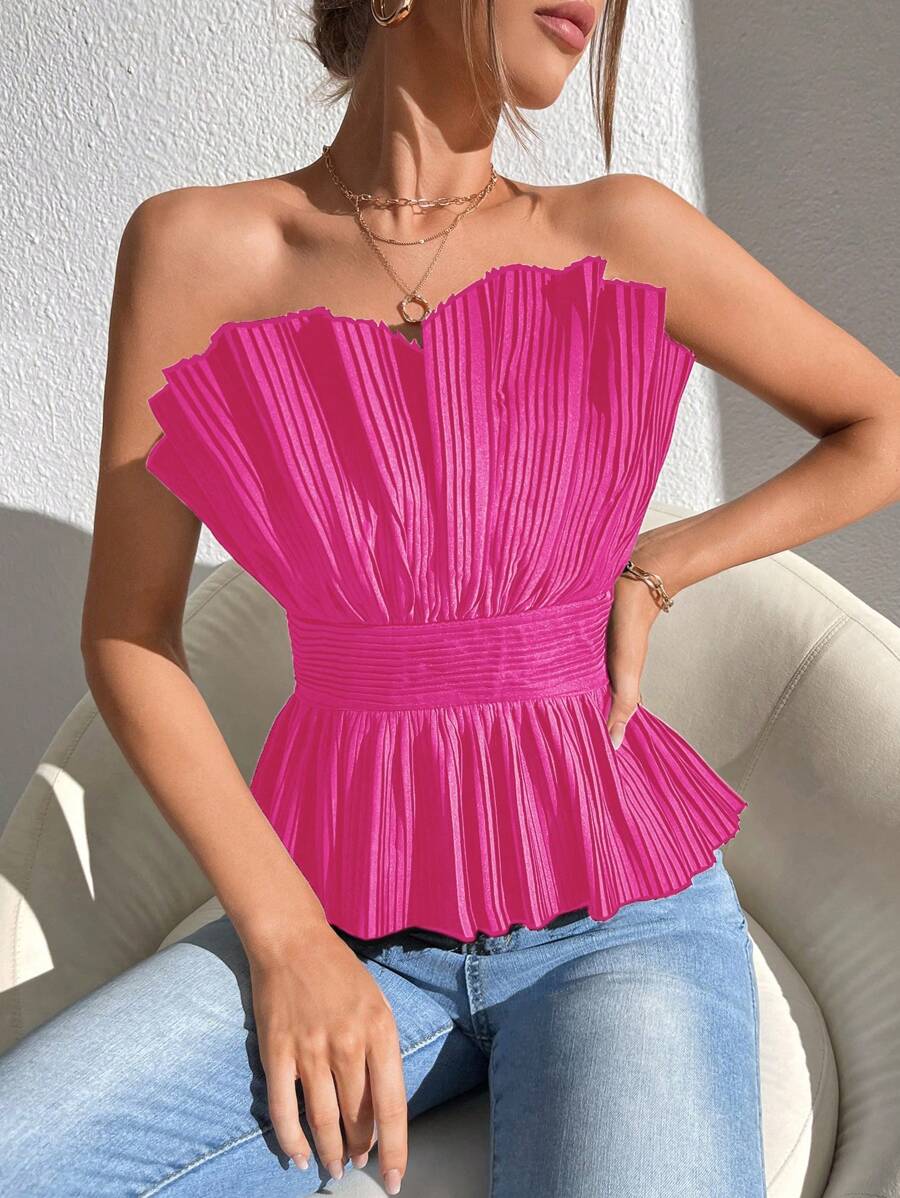 SHEIN Privé Solid Pleated Tube Top - Pink - View 1