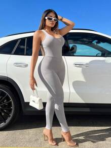 SHEIN SXY Solid Criss Cross Backless Ruched Cami Unitard Jumpsuit - Light Grey - View 2