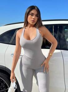 SHEIN SXY Solid Criss Cross Backless Ruched Cami Unitard Jumpsuit - Light Grey - View 4