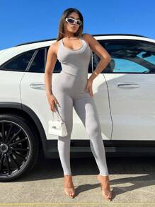 SHEIN SXY Solid Criss Cross Backless Ruched Cami Unitard Jumpsuit - Light Grey - View 5