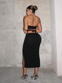 SHEIN SXY Women's Backless Cross Strap Halter Neckline Cutout Waist Dress