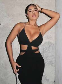 SHEIN SXY Women's Backless Cross Strap Halter Neckline Cutout Waist Dress