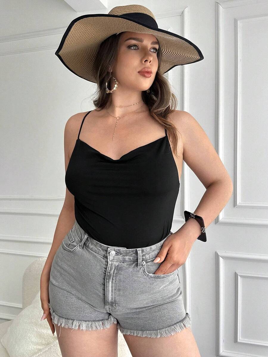 RueChic Plus Solid Cami Bodysuit - Black - View 1