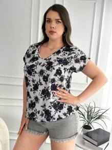 RueChic Plus Floral Print Batwing Sleeve Blouse - Multicolor - View 3