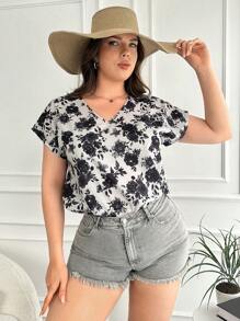 RueChic Plus Floral Print Batwing Sleeve Blouse - Multicolor - View 6