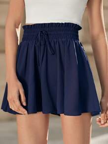 SHEIN Frenchy Paperbag Drawstring Waist Flowy Hem Skort Summer Casual Blue - Navy Blue - View 3