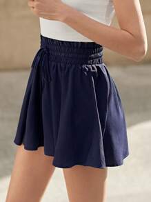 SHEIN Frenchy Paperbag Drawstring Waist Flowy Hem Skort Summer Casual Blue - Navy Blue - View 1