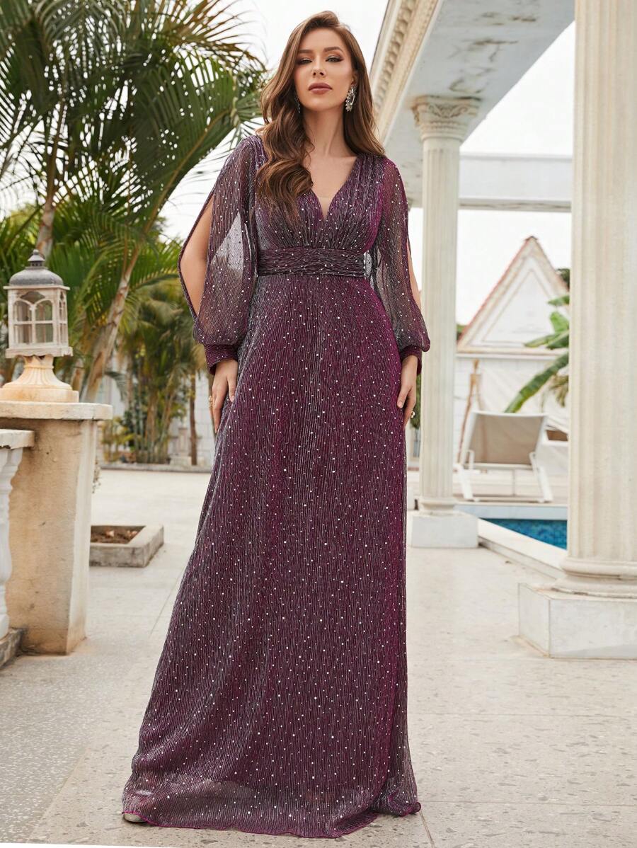 Lantern Sleeve Sequin Decor Floor Length Formal Dress - Purple - View 1