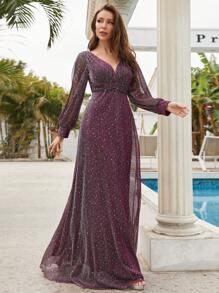 Lantern Sleeve Sequin Decor Floor Length Formal Dress - Purple - View 4