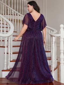 Plus Flounce Sleeve Split Thigh Sequin Formal Dress Elegant Prom Evening Wedding Guest Gown, For Graduation, Dinner Party Dress - Purple - View 3