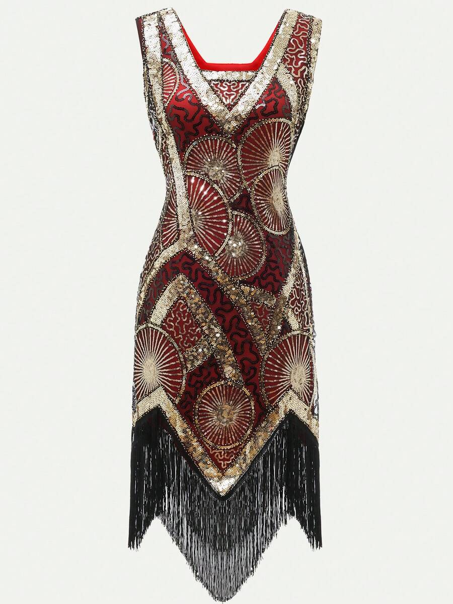 Dark Green Fringe Hem Sequin Tank 1920s Flapper Dress - Red - View 1