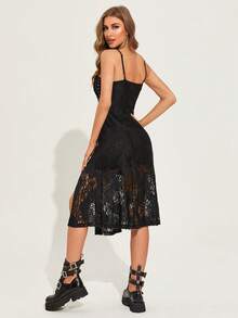 側邊綁帶高衩蕾絲吊帶連衣裙 - 黑色 - 查看 2