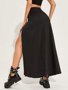 Lace Up Front Split Thigh Skirt - Black - View 2