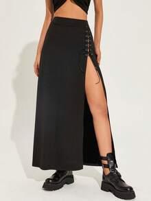 Lace Up Front Split Thigh Skirt - Black - View 3
