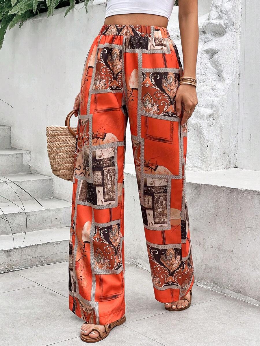 SHEIN Holidaya 圍巾圖案闊腿褲 - 彩色 - 查看 1