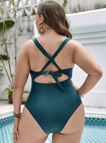 SHEIN VCAY Bañador una pieza fruncido de espalda abierta con tira cruzada - Agua verde azul - Ver 2
