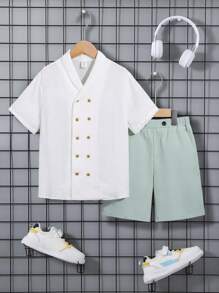SHEIN Boys Solid Double Breasted Shirt & Shorts - Multicolor - View 1