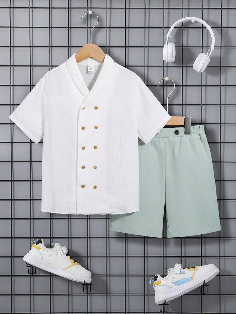 SHEIN Boys Solid Double Breasted Shirt & Shorts - Multicolor - View 1