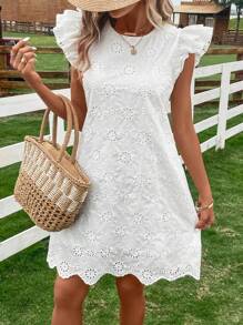 Breezaya Eyelet Embroidery Butterfly Sleeve Dress Vacation Beach Outfits Women - White - View 1