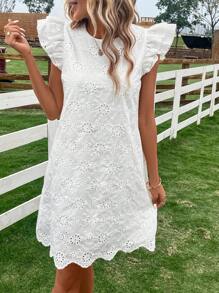 Breezaya Eyelet Embroidery Butterfly Sleeve Dress Vacation Beach Outfits Women - White - View 4