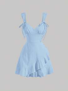 SHEIN MOD Tie Shoulder Ruffle Trim Wrap Hem Cami Dress - Baby Blue - View 4