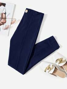 SHEIN LUNE Solid Button Detail Skinny Trousers - Navy Blue - View 1