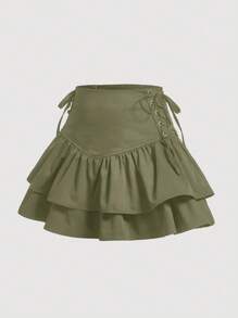 SHEIN MOD 側邊綁帶多層下擺半身裙 - 軍綠色 - 查看 1