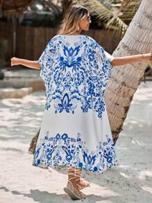 Floral Print Batwing Sleeve Kimono - Blue and White - View 1