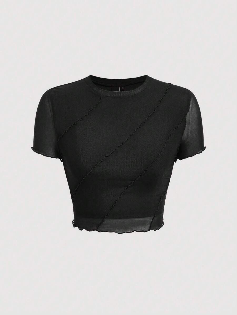 SHEIN MOD Camiseta de malla con ribete de lechuga - Negro - Ver 1