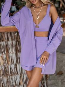 GENKIRA Bộ đồ hai mảnh nữ Túi Nút phía trước màu trơn Giải trí - Màu Lilac Tím - Xem 2