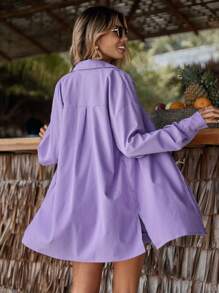 GENKIRA Bộ đồ hai mảnh nữ Túi Nút phía trước màu trơn Giải trí - Màu Lilac Tím - Xem 3