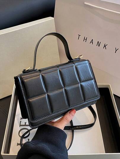 轻便商务休闲迷你方形包绗缝不对称翻盖 PU 适合少女、女大学生、新人及白领人士 非常适合办公室、大学、工作、商务、通勤、户外、旅行、郊游