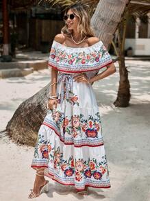 SHEIN VCAY Vestido con cinturón con estampado floral de hombros descubiertos bajo con fruncido