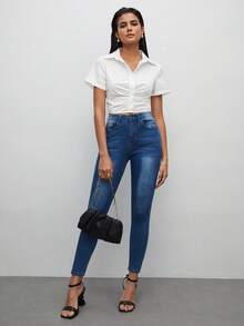 BizChic Camisa sólido tubo botão frontal colheita - Branco - Ver 3