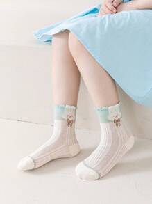 4pairs Girls Floral Pattern Frill Trim Cute Crew Socks For Daily Life - Multicolor - View 2