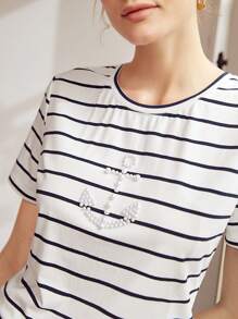 MOTF PREMIUM STRIPED ANCHOR PEARL T-SHIRT,GRAPHIC TEE - White - View 3