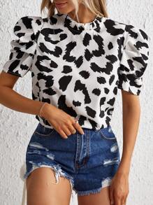 SHEIN Privé Leopard Print Puff Sleeve Blouse - Black and White - View 1