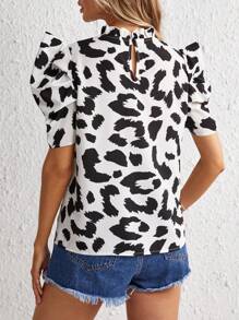 SHEIN Privé Leopard Print Puff Sleeve Blouse - Black and White - View 2