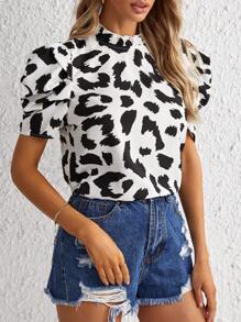 SHEIN Privé Leopard Print Puff Sleeve Blouse - Black and White - View 4