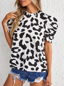 SHEIN Privé Leopard Print Puff Sleeve Blouse - Black and White - View 5