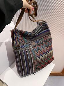 Túi xô trung bình Mô hình hình học Colorblock Tay cầm đôi - Màu Đỏ Sâu - Xem 4