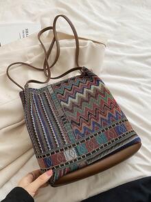 Túi xô trung bình Mô hình hình học Colorblock Tay cầm đôi - Màu Đỏ Sâu - Xem 6