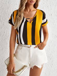 SHEIN Clasi Striped Print V Neck Blouse - Mustard Yellow - View 3