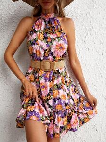 SHEIN VCAY Đầm Nút Viên lá sen Hoa Tất cả trên in Boho - Nhiều màu - Xem 5